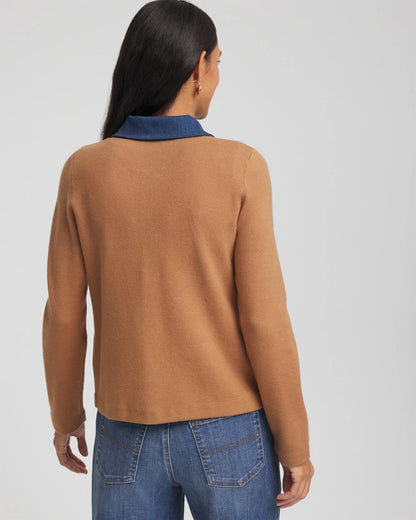 Chico's Collared Denim Trim Cardigan