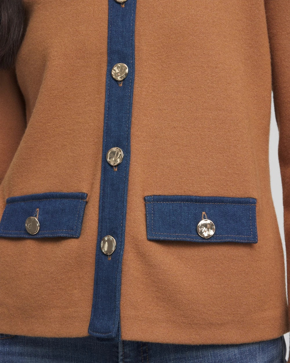 Chico's Collared Denim Trim Cardigan