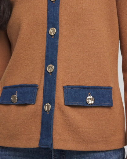 Chico's Collared Denim Trim Cardigan