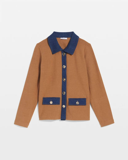 Chico's Collared Denim Trim Cardigan