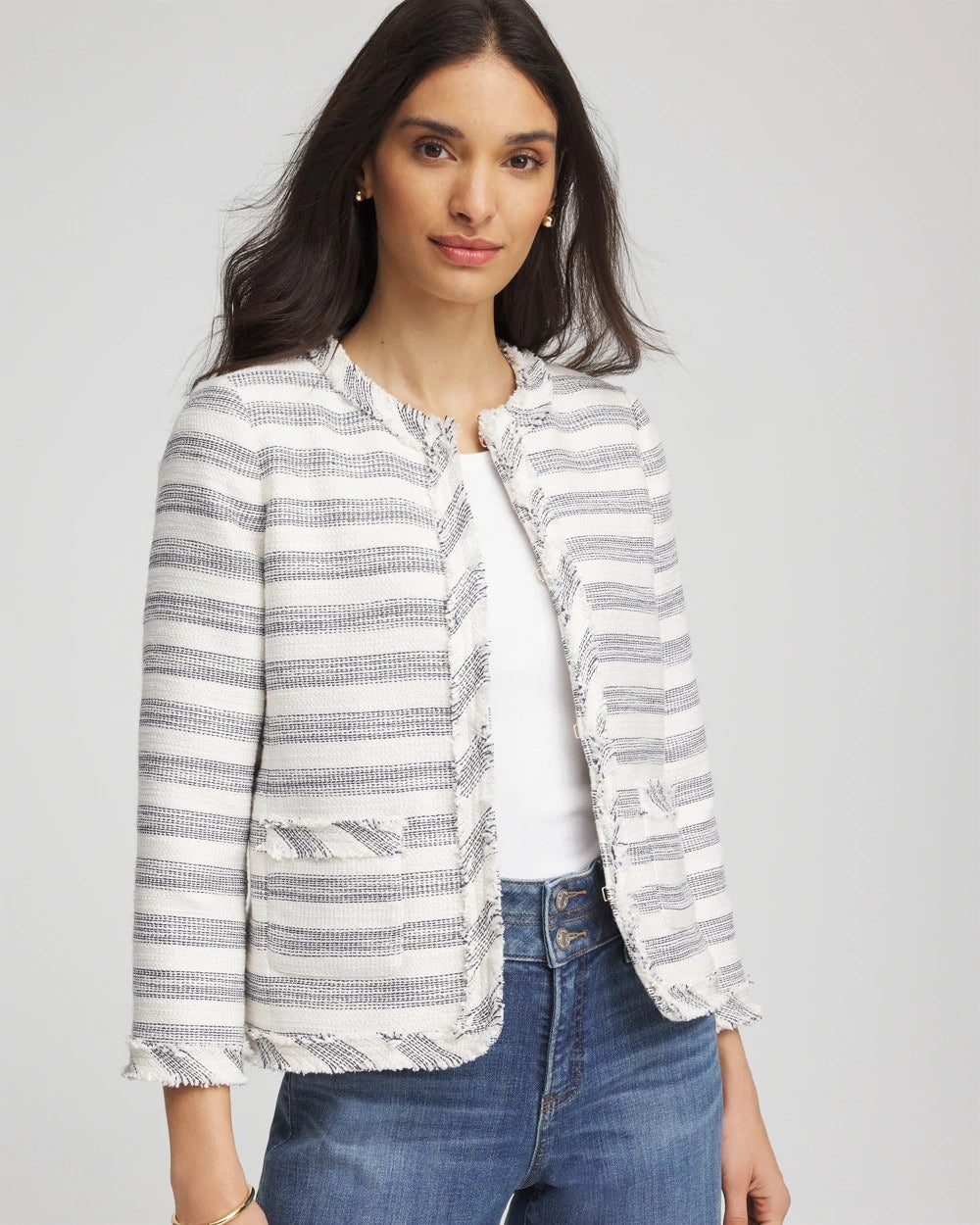Chico's Striped Tweed Collarless Box Jacket