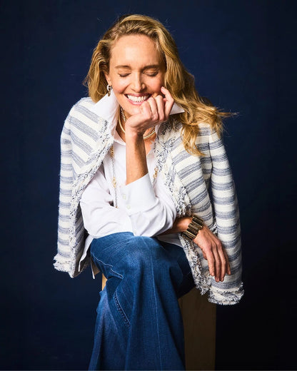 Chico's Striped Tweed Collarless Box Jacket