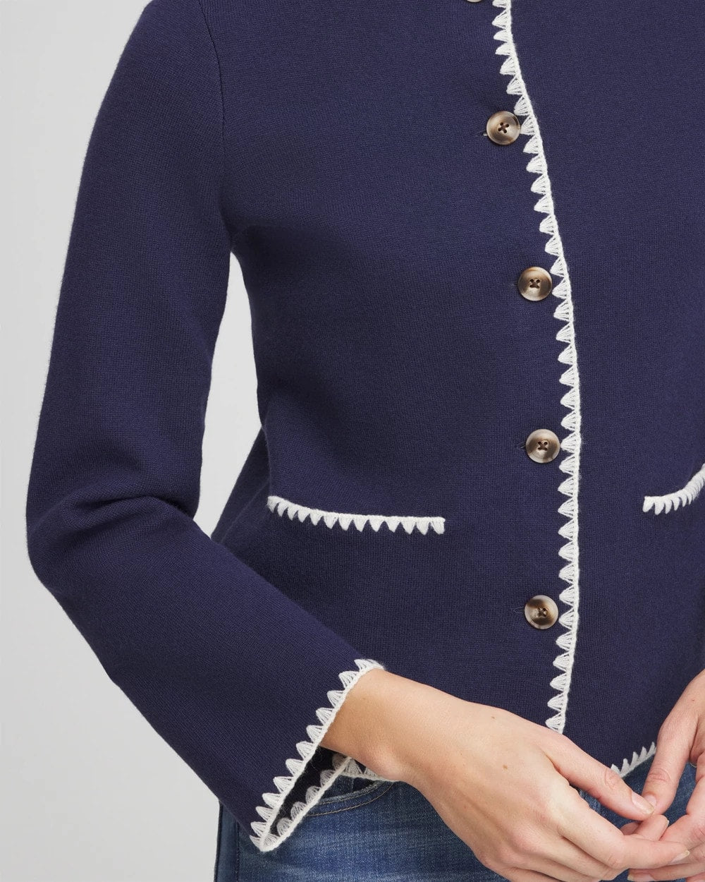Chico's Blanket Stitch Crewneck Cardigan