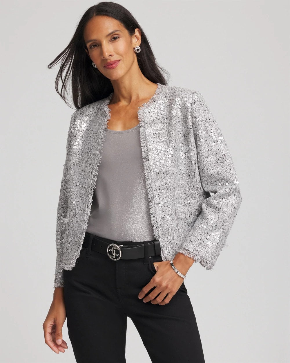 Chico's Silver Sequins Tweed Jacket