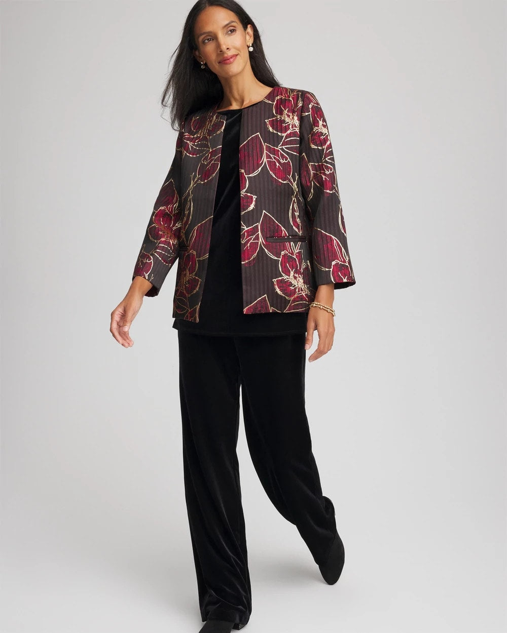 Chico's Travelers™ Collection Jacquard Foiled Floral Jacket