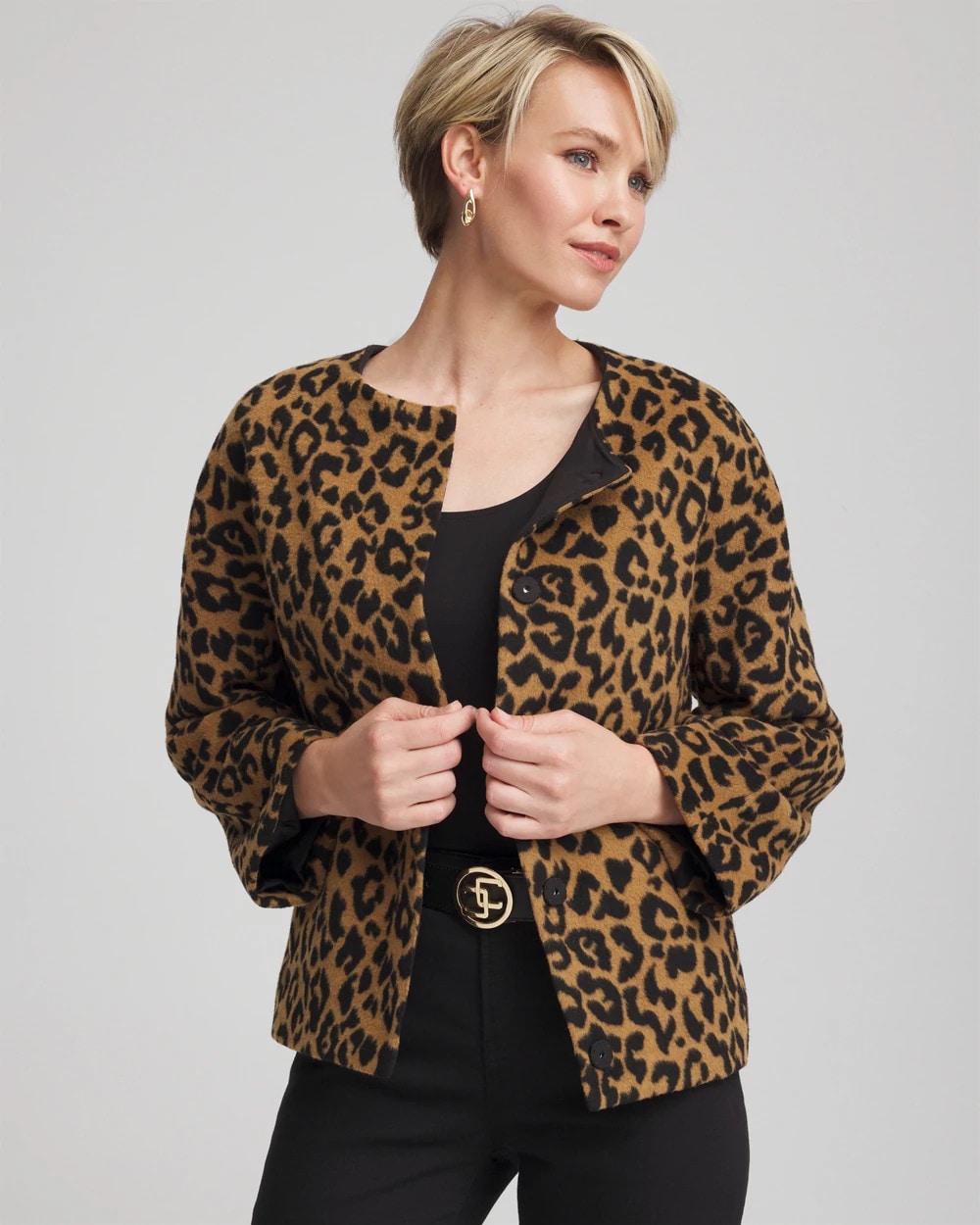 Chico's Fuzzy Collarless Animal Print Jacket