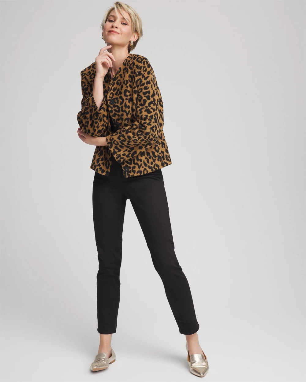 Chico's Fuzzy Collarless Animal Print Jacket