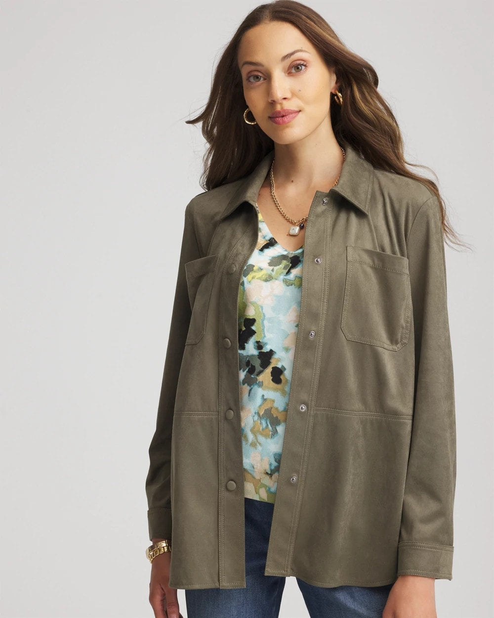Chico's Suede Collared Long-Sleeved Shacket