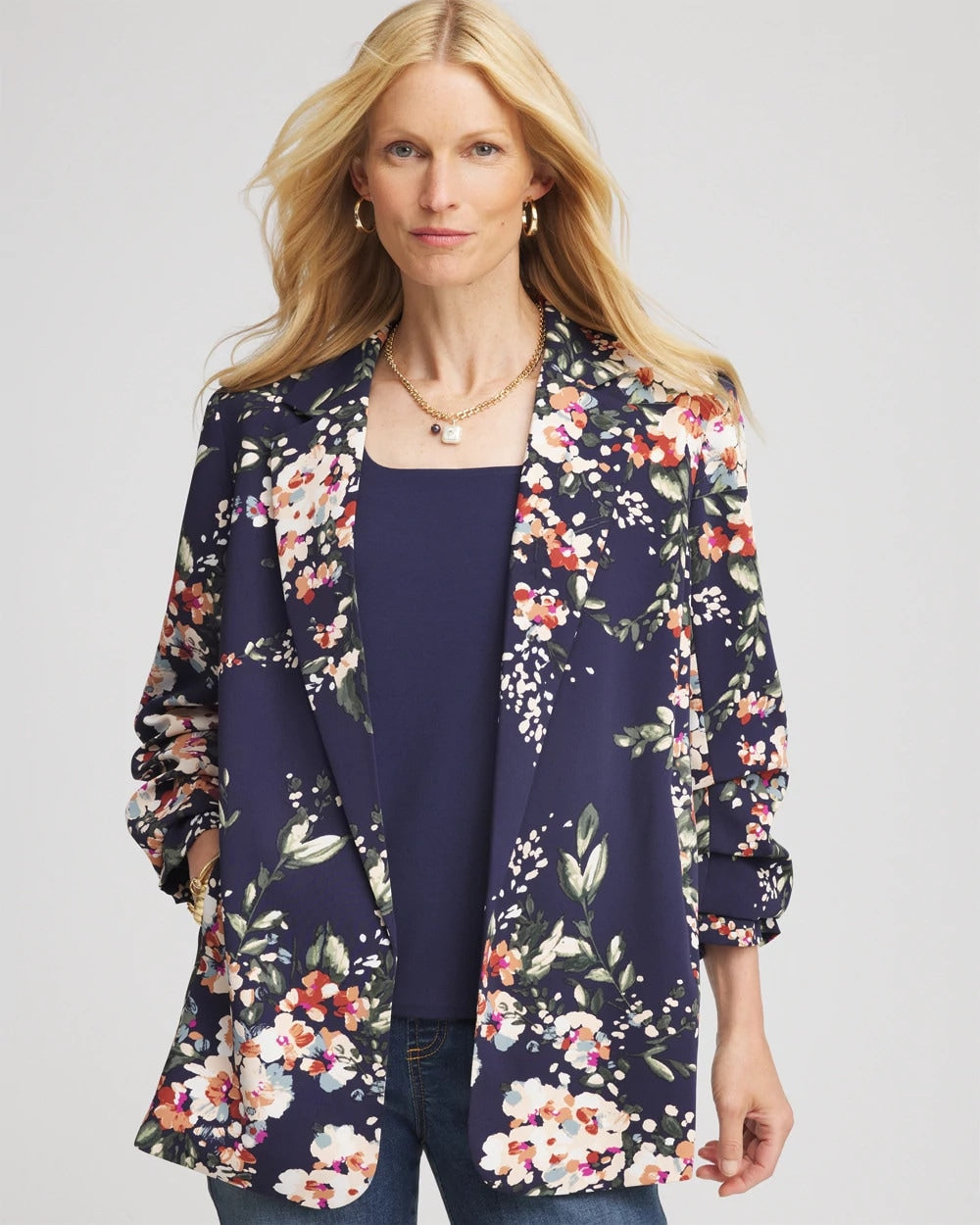 Chico's Floral Ruched Sleeve Blazer