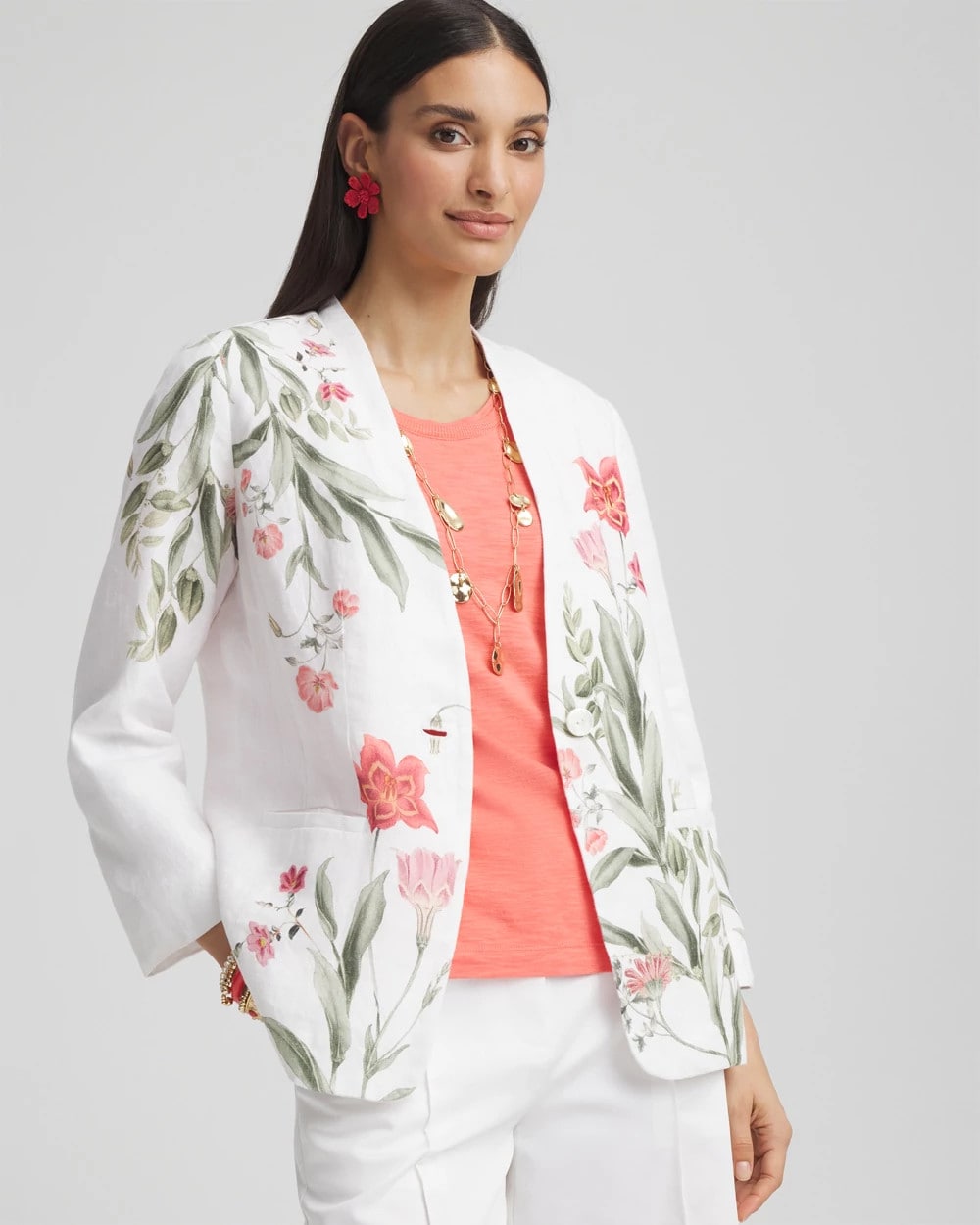 Chico's Floral Linen Non-Stretch Blazer