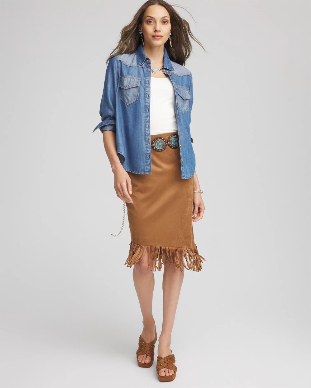 Chico's Suede Fringed Asymmetrical Skirt