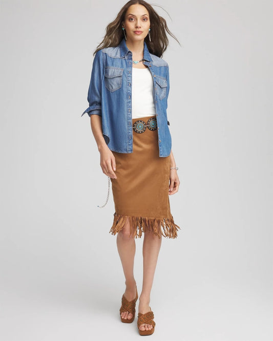 Chico's Suede Fringed Asymmetrical Skirt