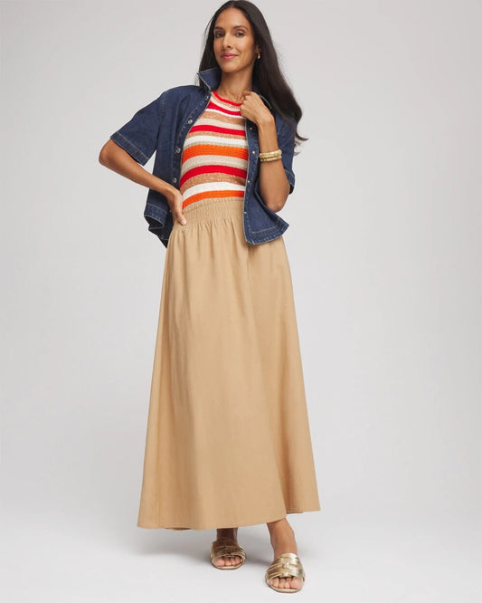 Chico's Smocked Pull-On Midi Skirt