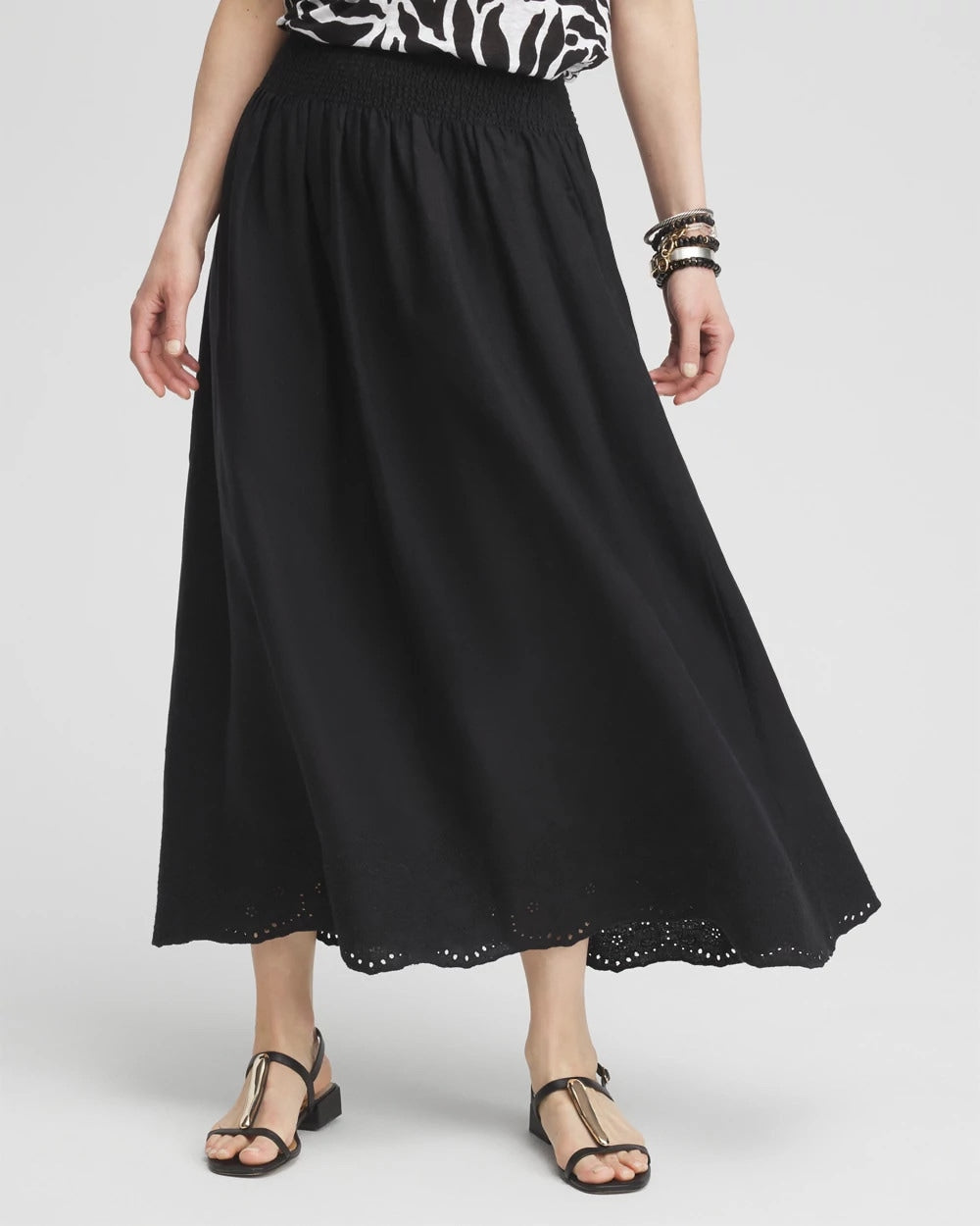 Chico's Linen Embroidered Scallop Hem Skirt
