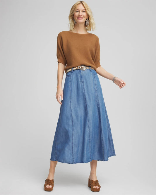 Chico's Lightweight Denim Fly Front Midi Skirt