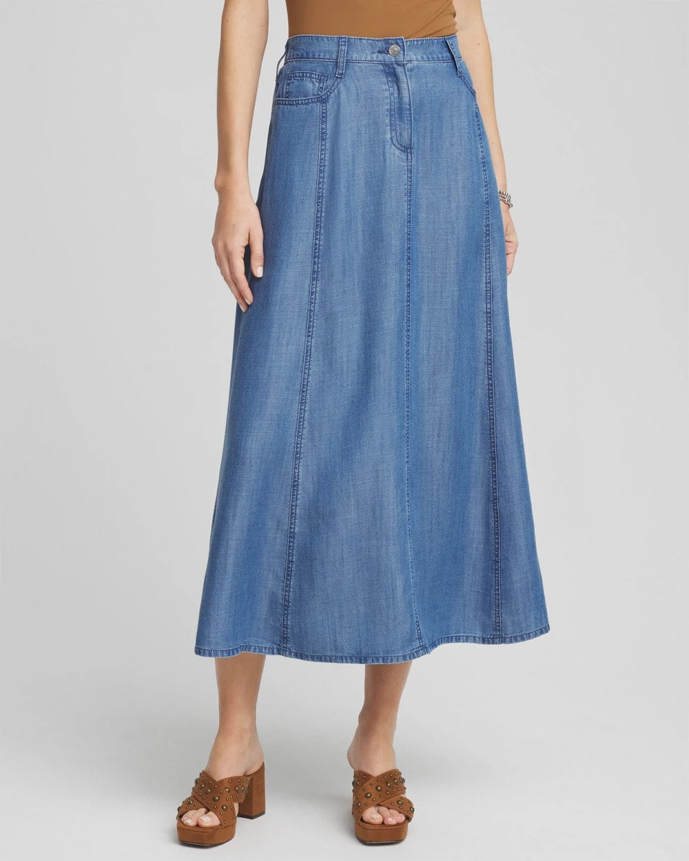 Chico's Lightweight Denim Fly Front Midi Skirt