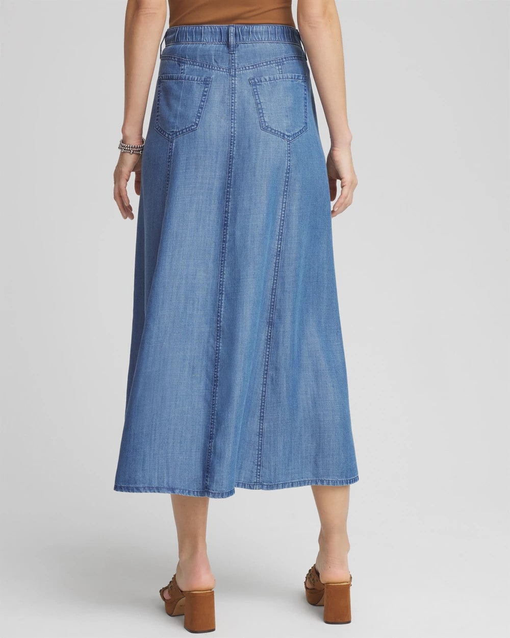 Chico's Lightweight Denim Fly Front Midi Skirt