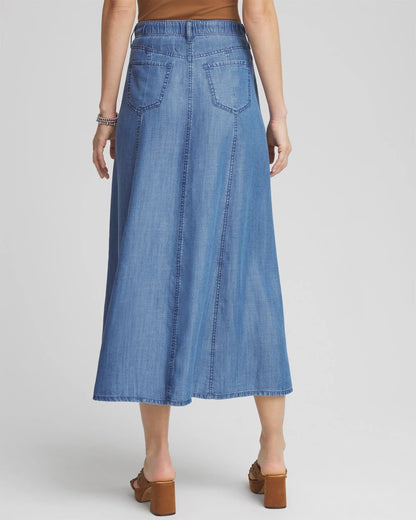 Chico's Lightweight Denim Fly Front Midi Skirt
