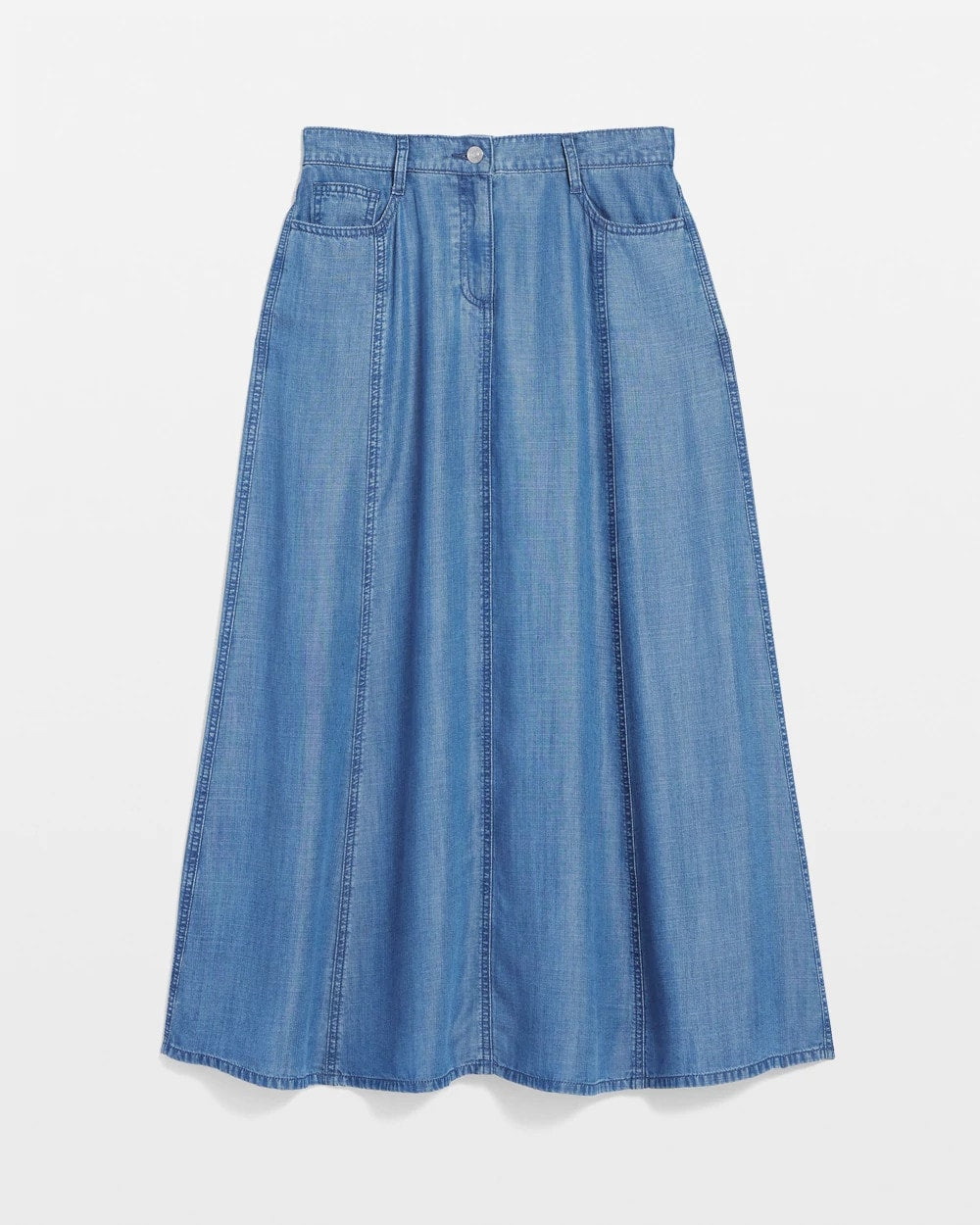 Chico's Lightweight Denim Fly Front Midi Skirt
