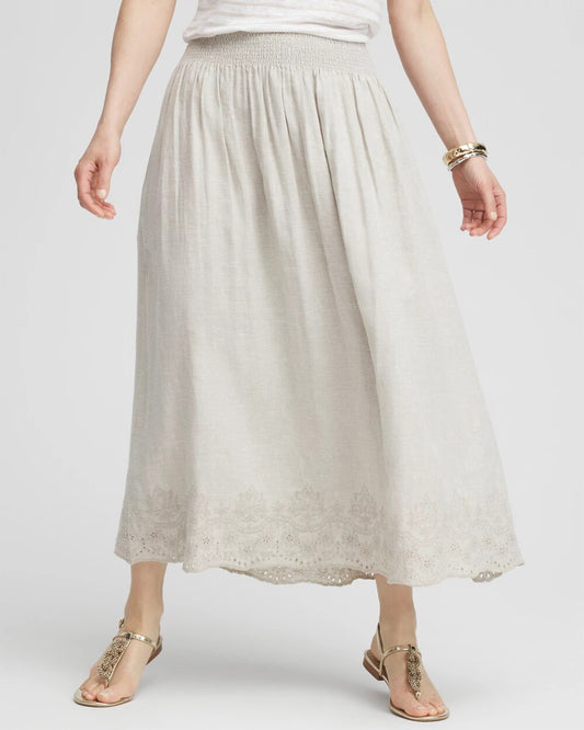 Chico's Linen Embroidered Scallop Hem Skirt