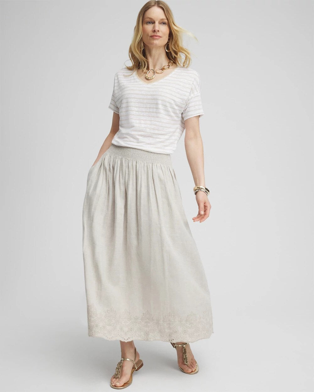 Chico's Linen Embroidered Scallop Hem Skirt