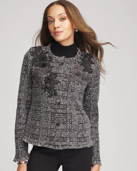 Chico's Embroidered Metallic Tweed Cardigan