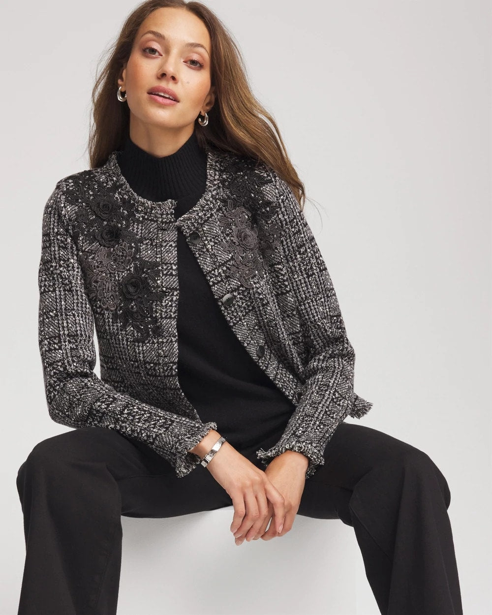 Chico's Embroidered Metallic Tweed Cardigan