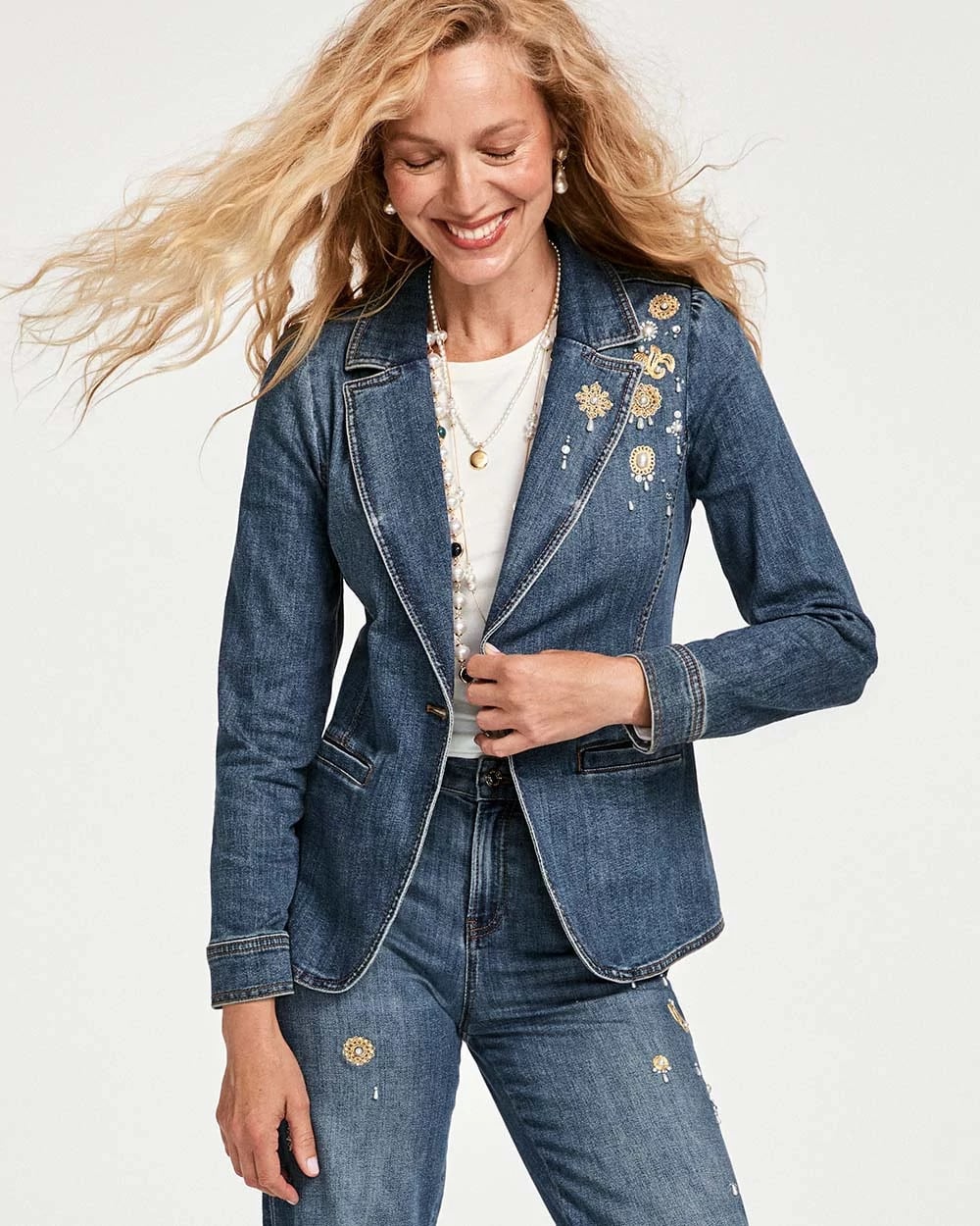 Chico's Pearl Brooch Denim Blazer