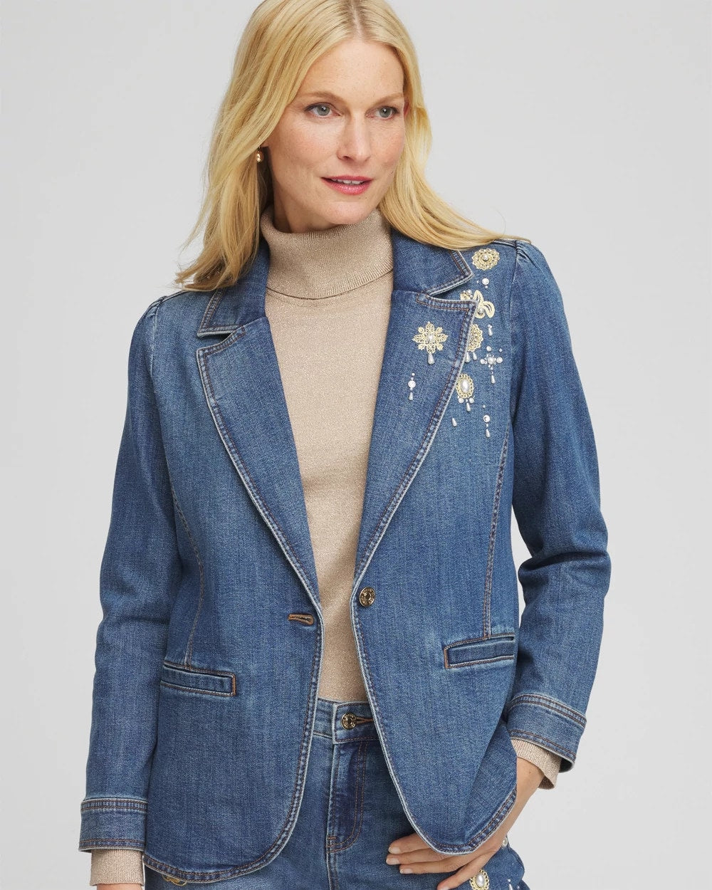 Chico's Pearl Brooch Denim Blazer