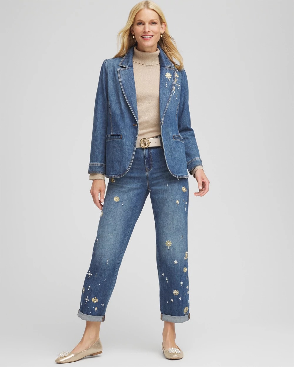 Chico's Pearl Brooch Denim Blazer