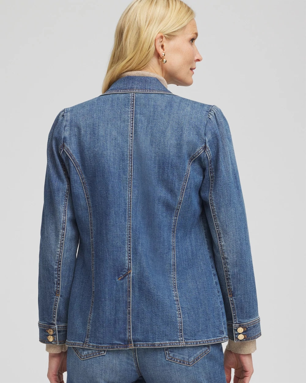 Chico's Pearl Brooch Denim Blazer