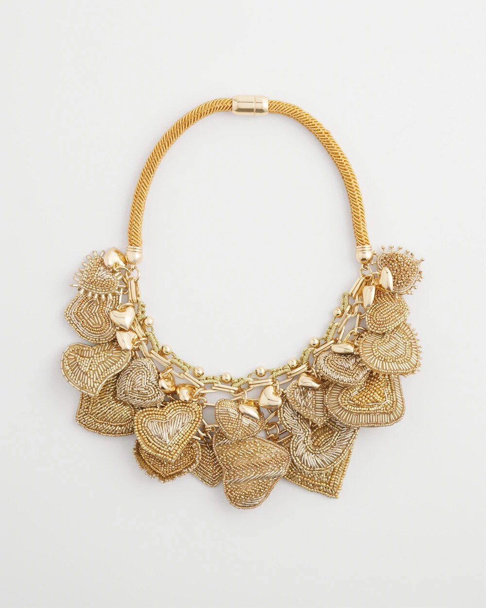 Chico's Gold Beaded Heart Charm Bib Necklace
