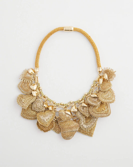 Chico's Gold Beaded Heart Charm Bib Necklace