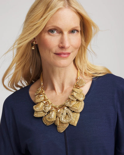 Chico's Gold Beaded Heart Charm Bib Necklace