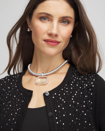 Chico's Silvertone Gem Pendant Cord Necklace