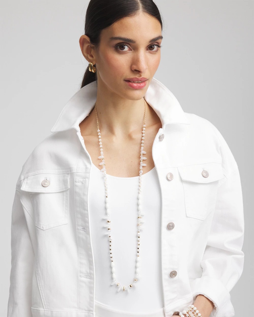 Chico's White Beaded Single Strand Necklace