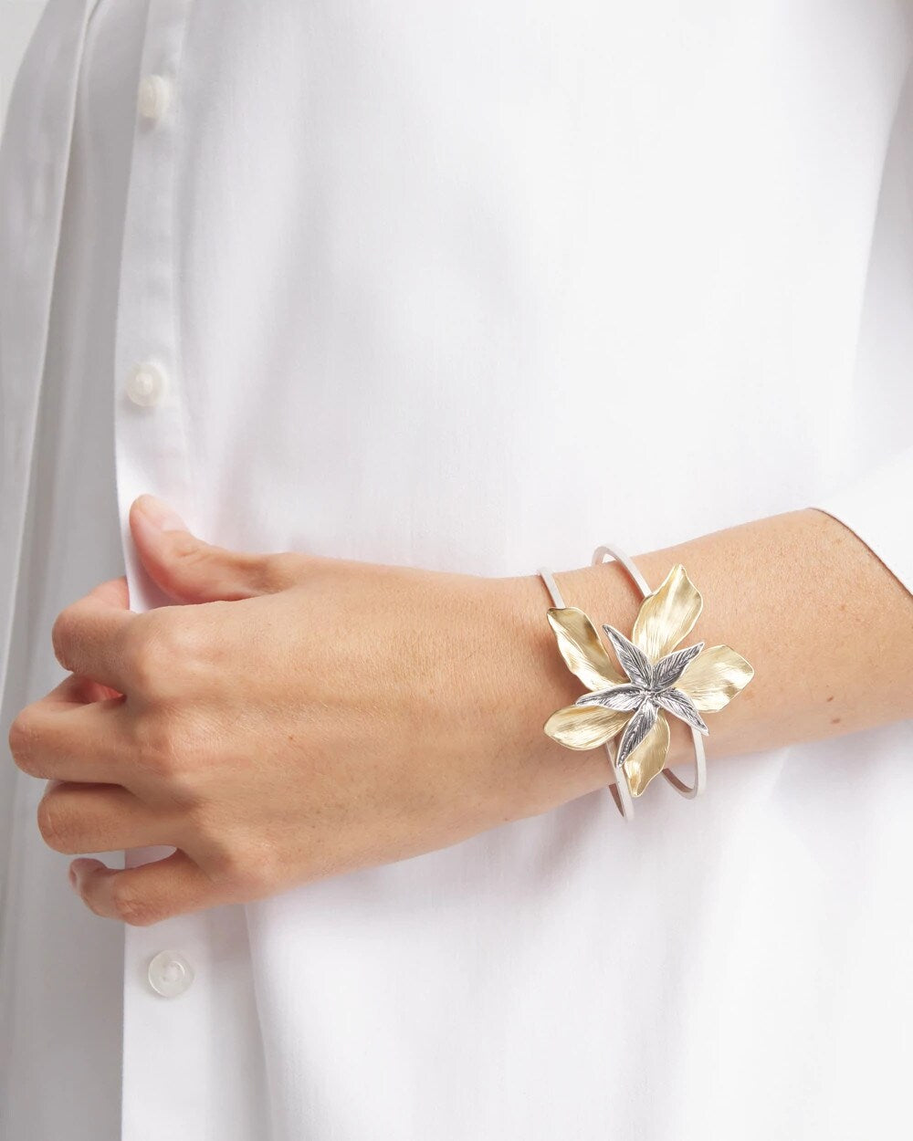 Chico's Mixed-Metal Floral Cuff Bangle Bracelet