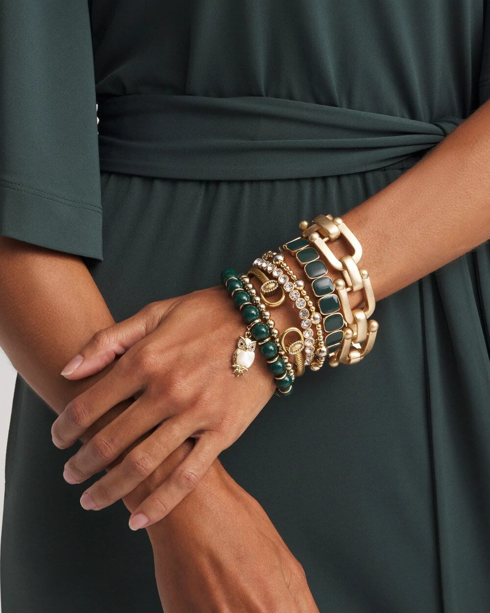 Chico's Green & Gold Beaded Charm Bracelet