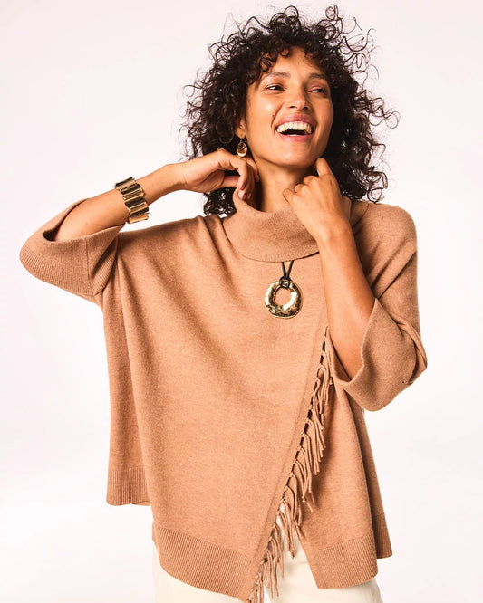Chico's Cowlneck Knit Fringe Poncho