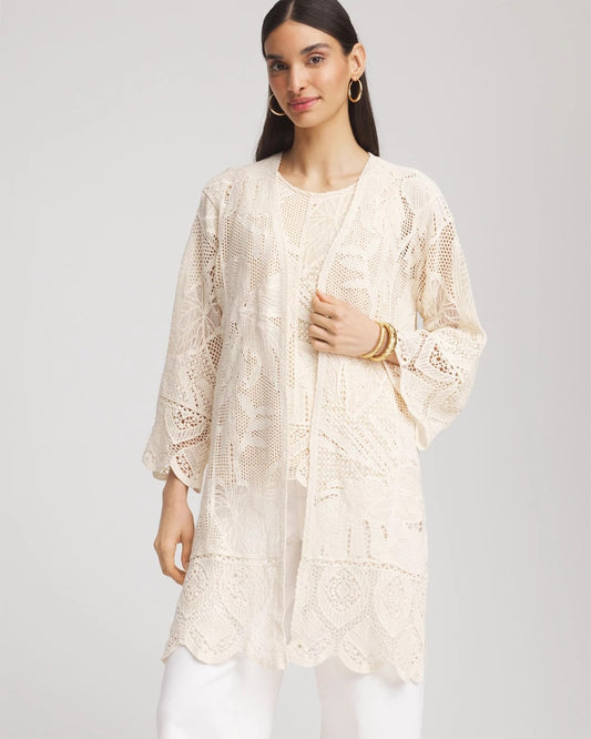 Chico's Cutwork Crochet-Lace Long Kimono