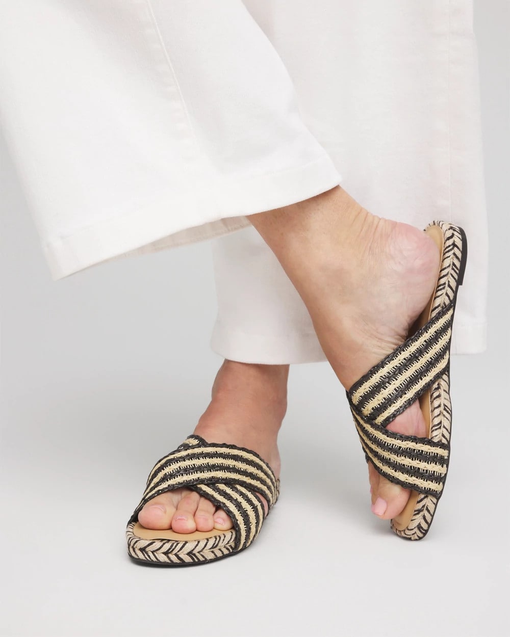 Chico's Striped Raffia Cross-Strap Slide Sandal
