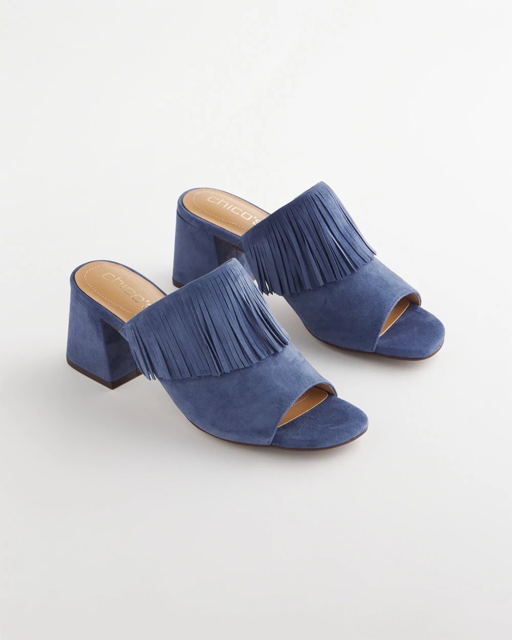 Chico's Blue Lotus Suede Fringe Block Heels