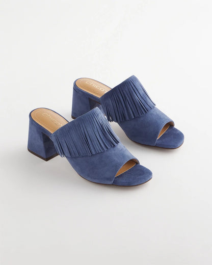 Chico's Blue Lotus Suede Fringe Block Heels