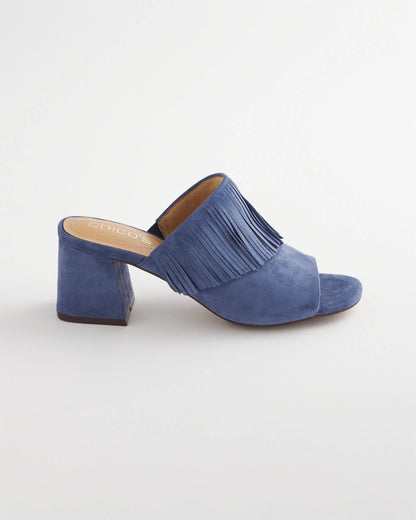 Chico's Blue Lotus Suede Fringe Block Heels