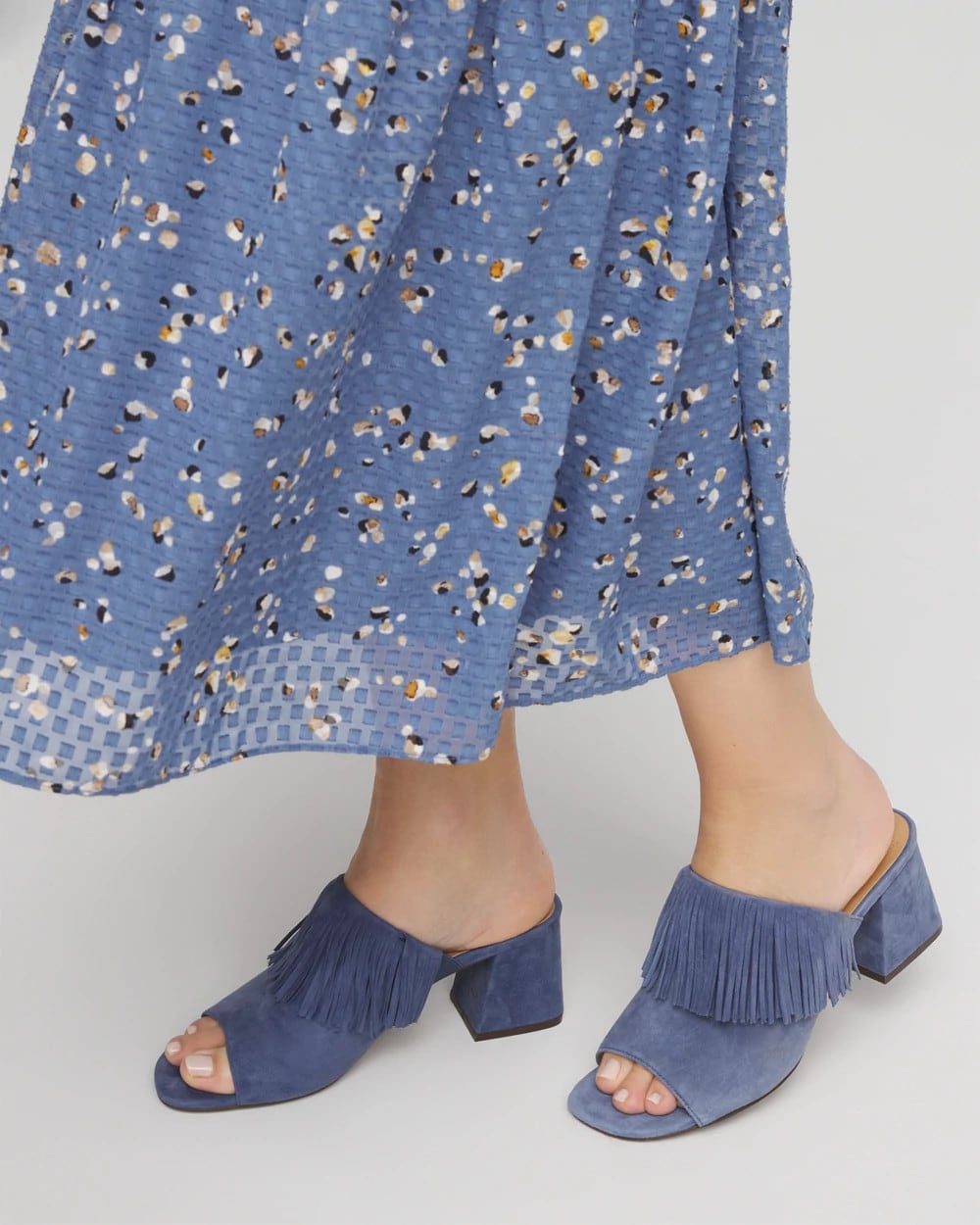Chico's Blue Lotus Suede Fringe Block Heels
