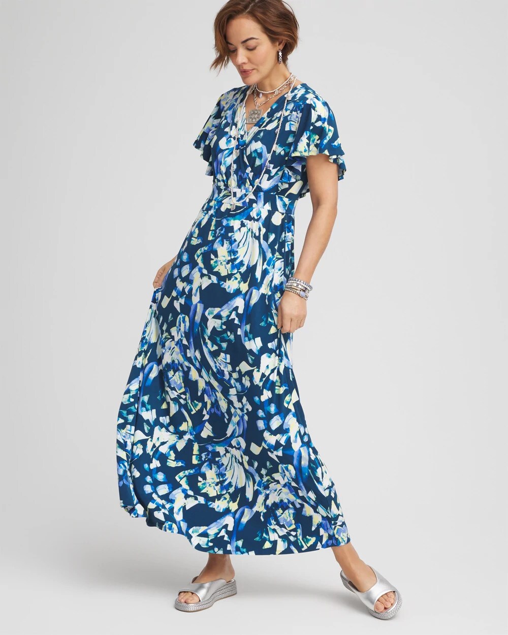 Chico's Petite Flutter Sleeved Jersey Maxi Dress