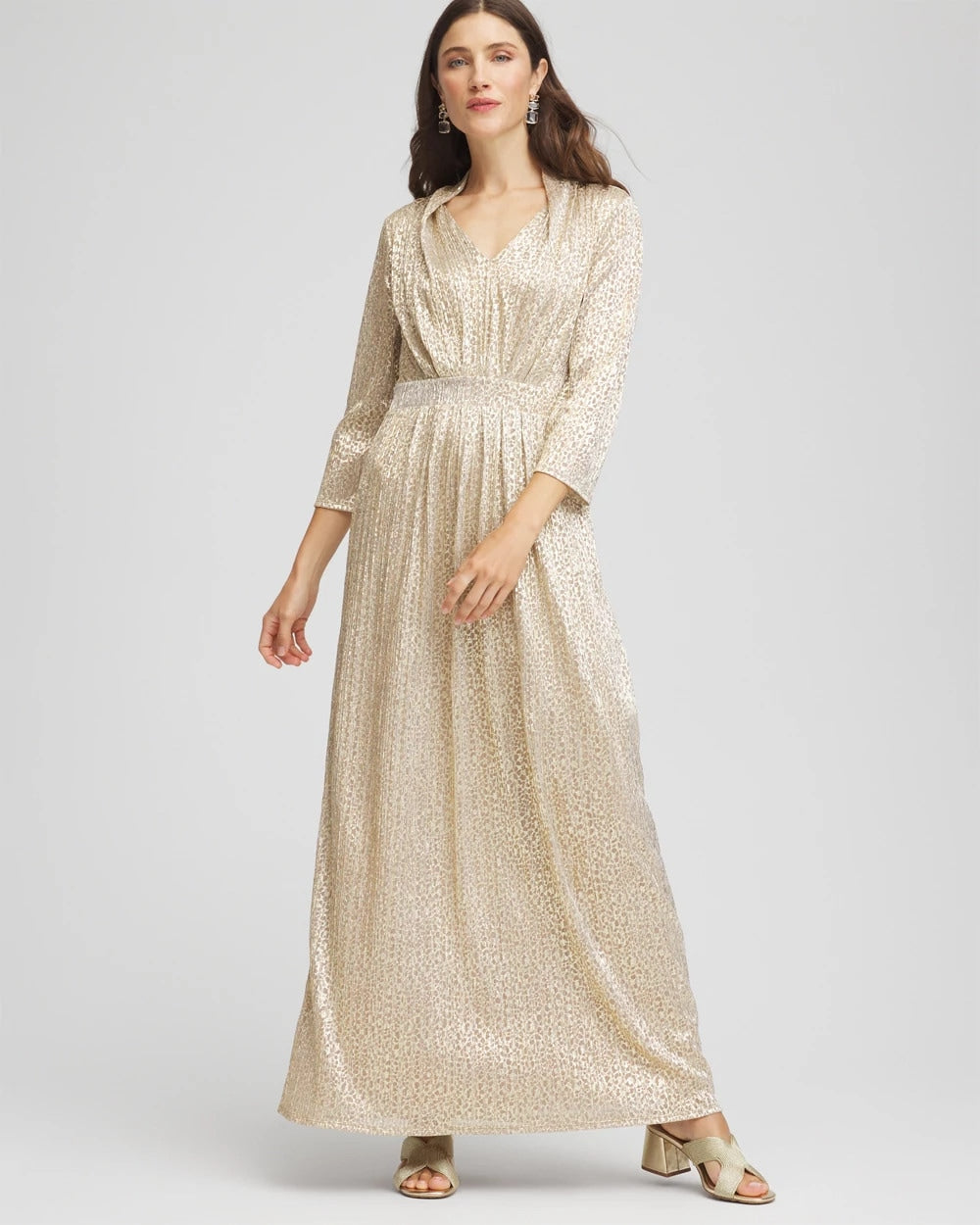 Chico's Petite Metallic Knit Pleated Maxi Dress