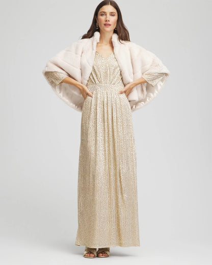Chico's Petite Metallic Knit Pleated Maxi Dress