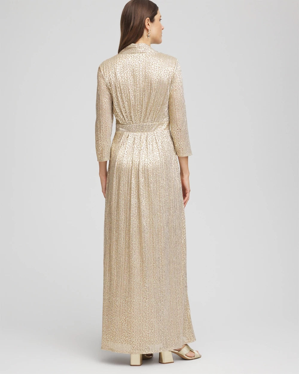 Chico's Petite Metallic Knit Pleated Maxi Dress