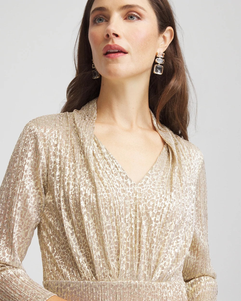 Chico's Petite Metallic Knit Pleated Maxi Dress